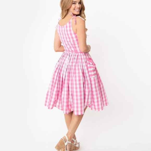 Unique Vintage Pink Gingham Midi Dress - Picture 3 of 7